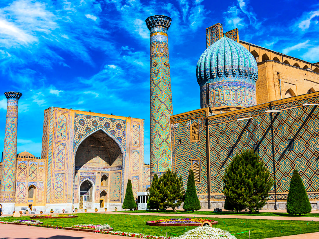 Mosaic-covered buildings in public square in Samarkand, Uzbekistan