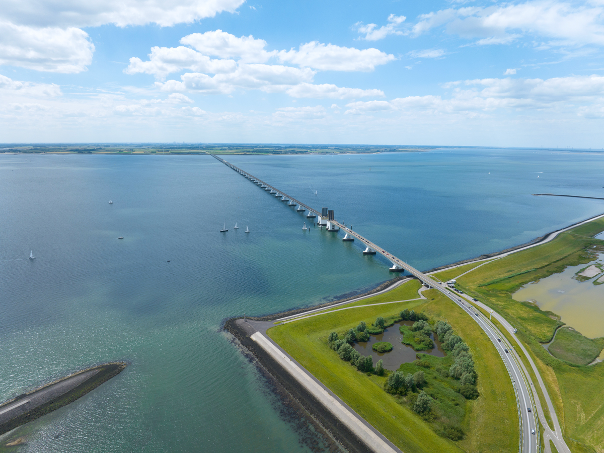 Aerial view of Zeeland Bridge, part of the Delta Works in the Netherlands