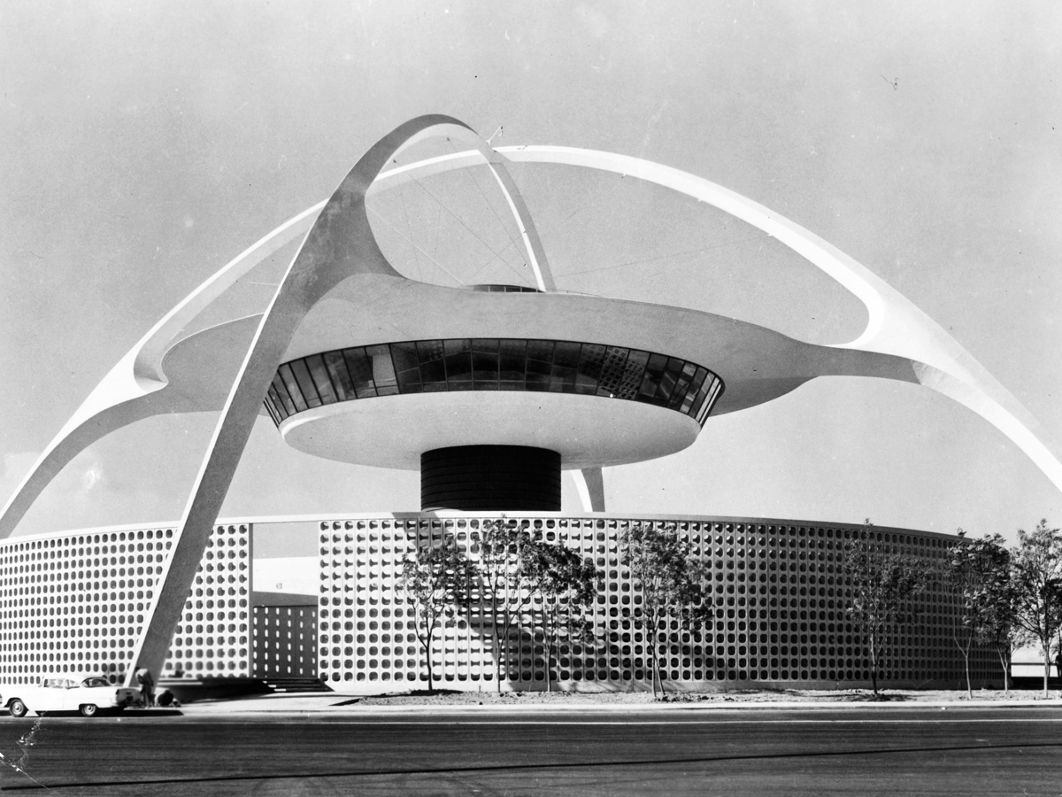 Historical image of the Theme Building at LAX Airport, California