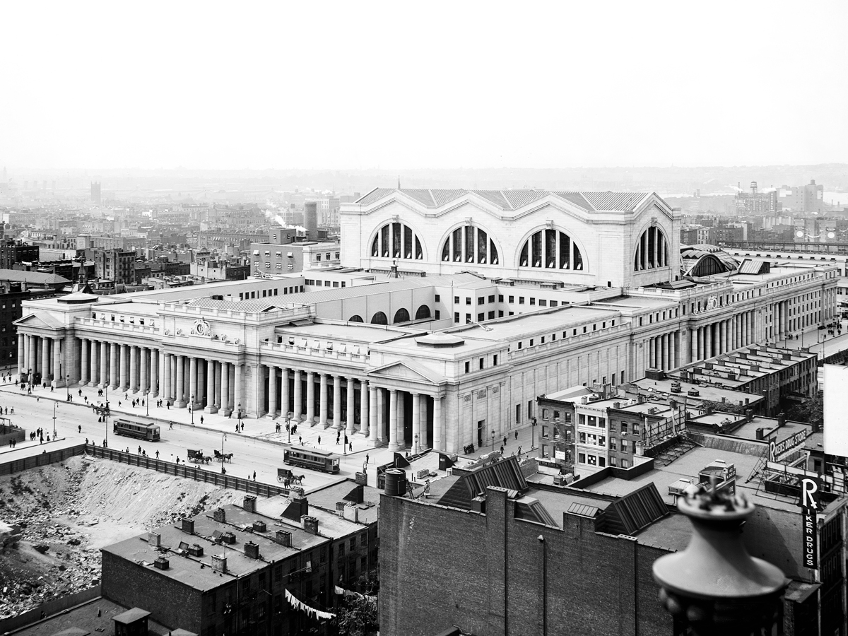 Aerial view of former Pennsylvania Station building in midtown Manhattan