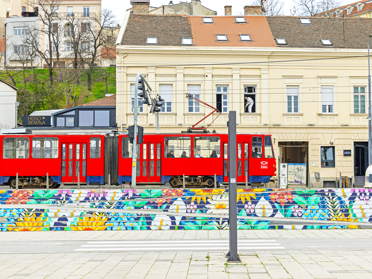Tram on colorful street in Belgrade, Serbia