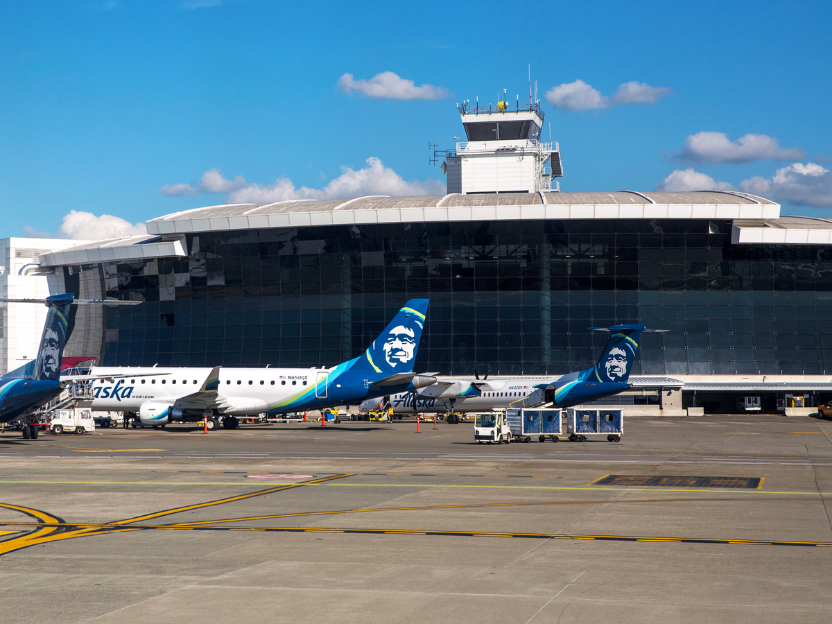Alaska Airlines aircraft parked at gates at Seattle-Tacoma International Airport