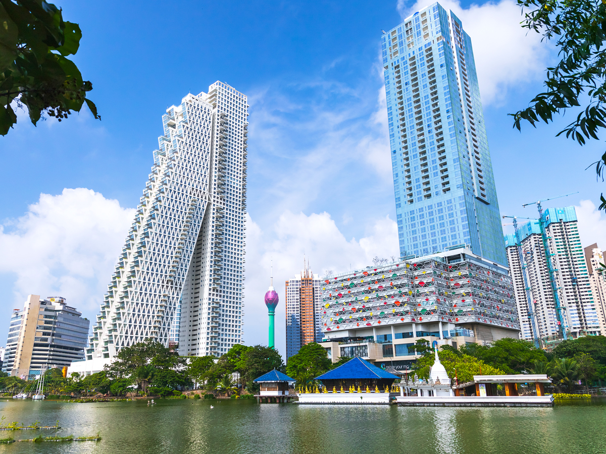 Waterfront skyscrapers in Colombo, Sri Lanka, including the leaning Altair complex
