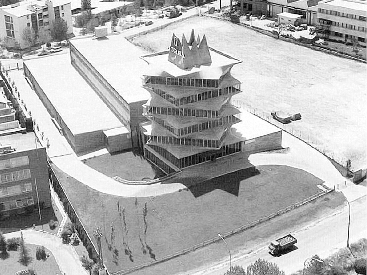 Aerial view of former Laboratories Jorba building in Madrid, Spain