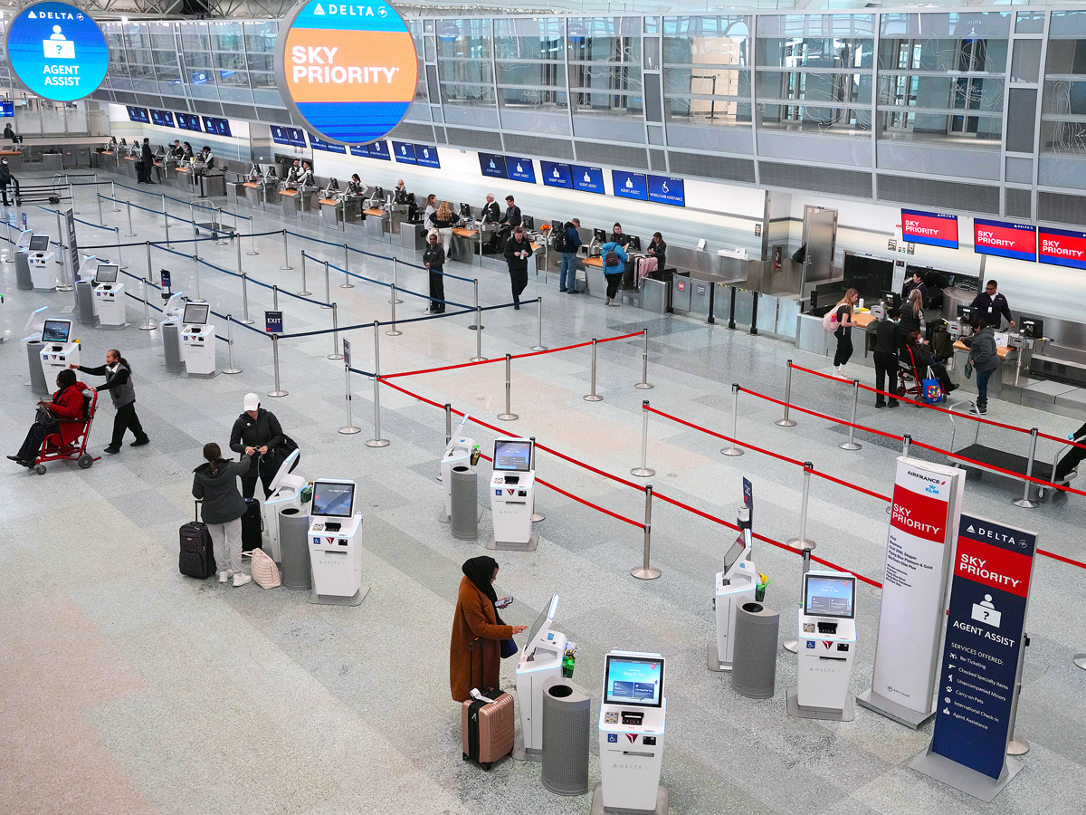 Overhead view of passenger check-in area at Minneapolis-St. Paul International Airport