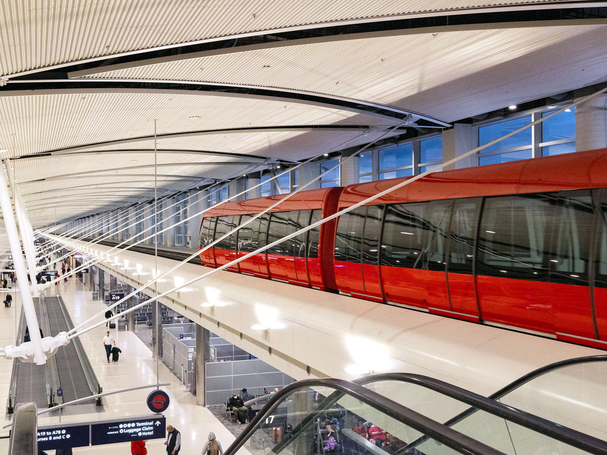 Indoor tram system above concourse in Detroit's Metropolitan Wayne County Airport