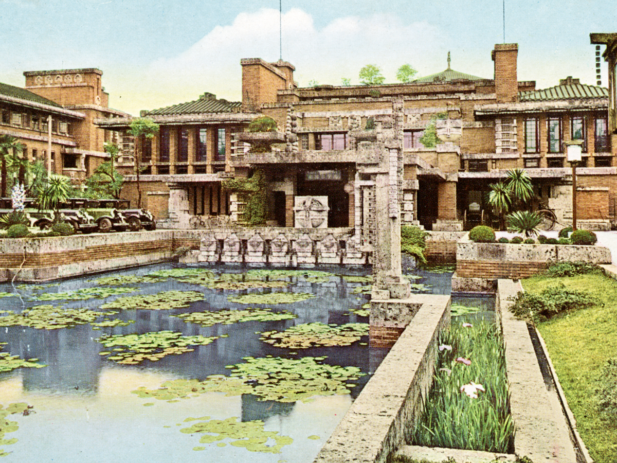Historical image of the New Imperial Hotel and gardens in Tokyo, Japan