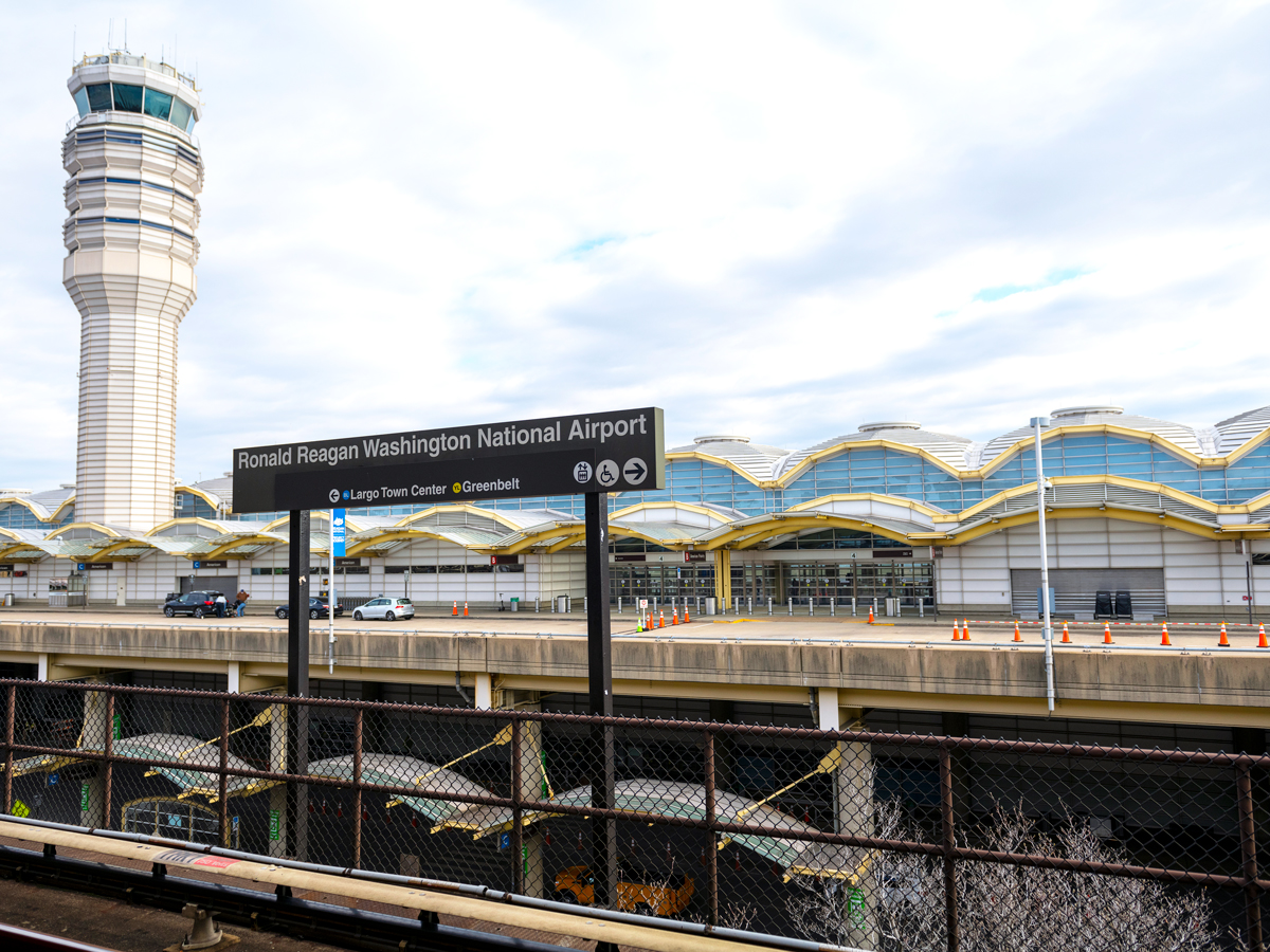 Control tower and curbside drop-off at Ronald Reagan Washington National Airport in Washington, D.C.