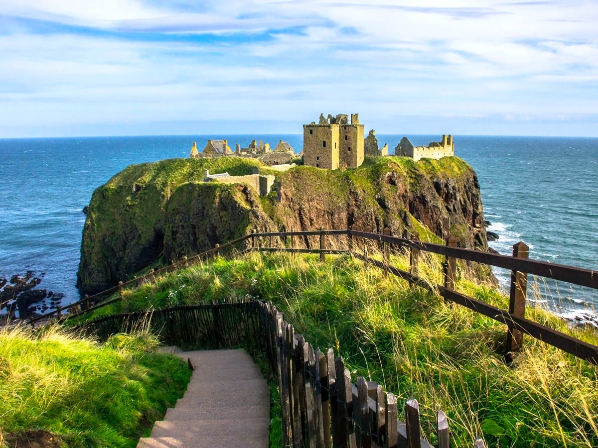 Steps leading to Dunnottar Castle on rocky Scottish outcrop overlooking the North Sea