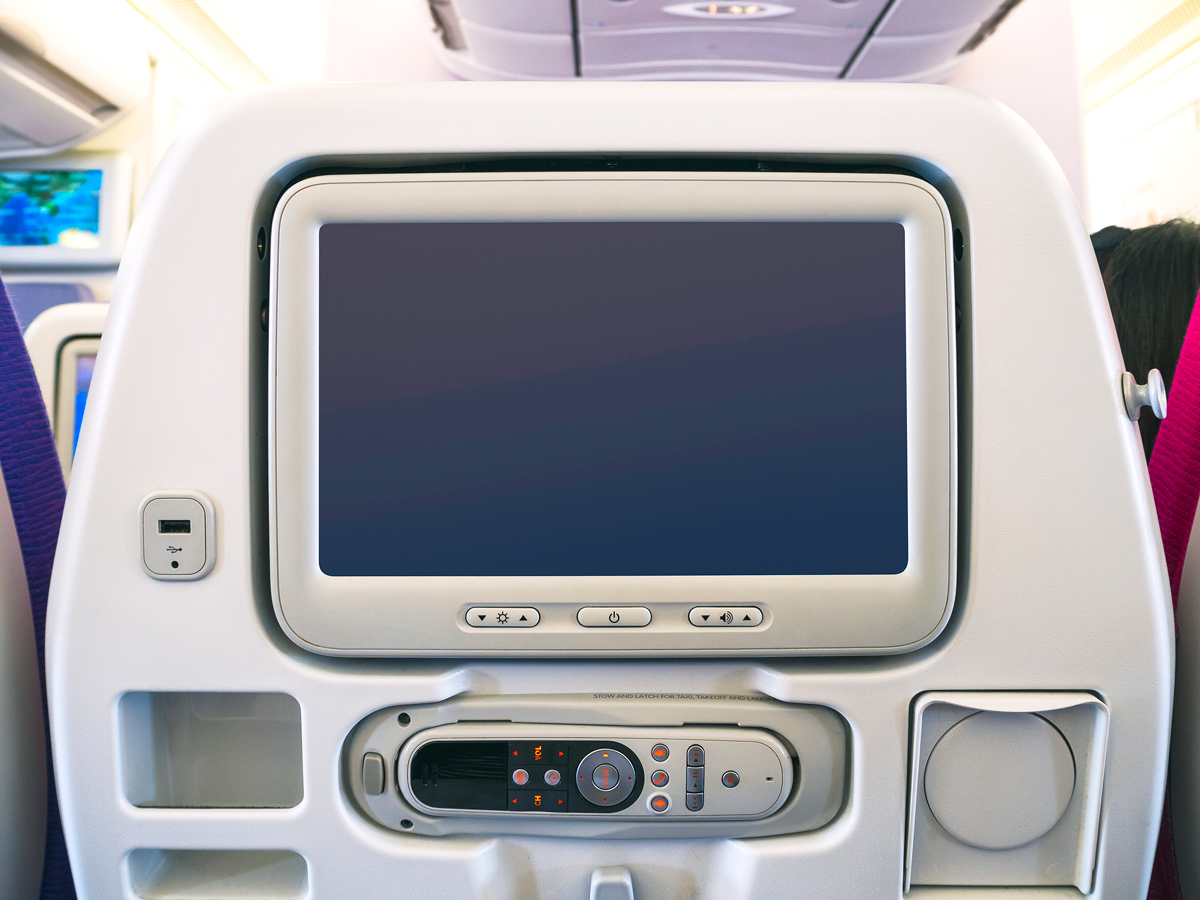 View of seatback entertainment screen on aircraft