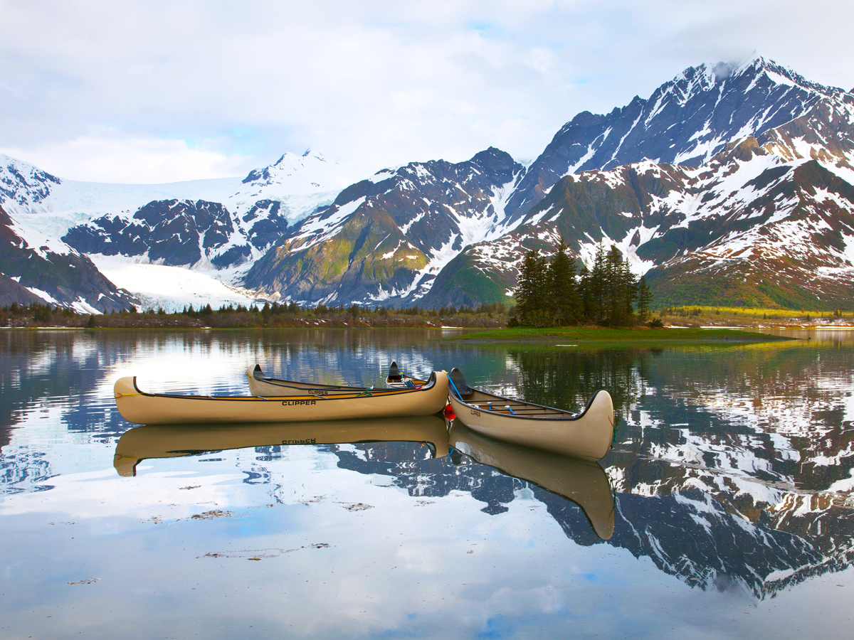 Canoes in lake in Kenai Fjords National Park, Alaska