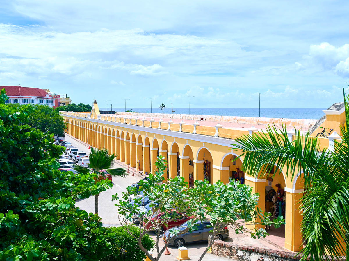 Colorful Las Bóvedas shops in Cartagena, Colombia, seen from above