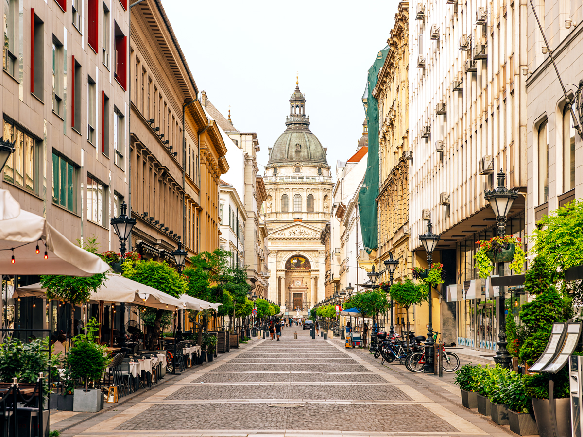 Street with view of St. Stephen's Basilica in Budapest, Hungary