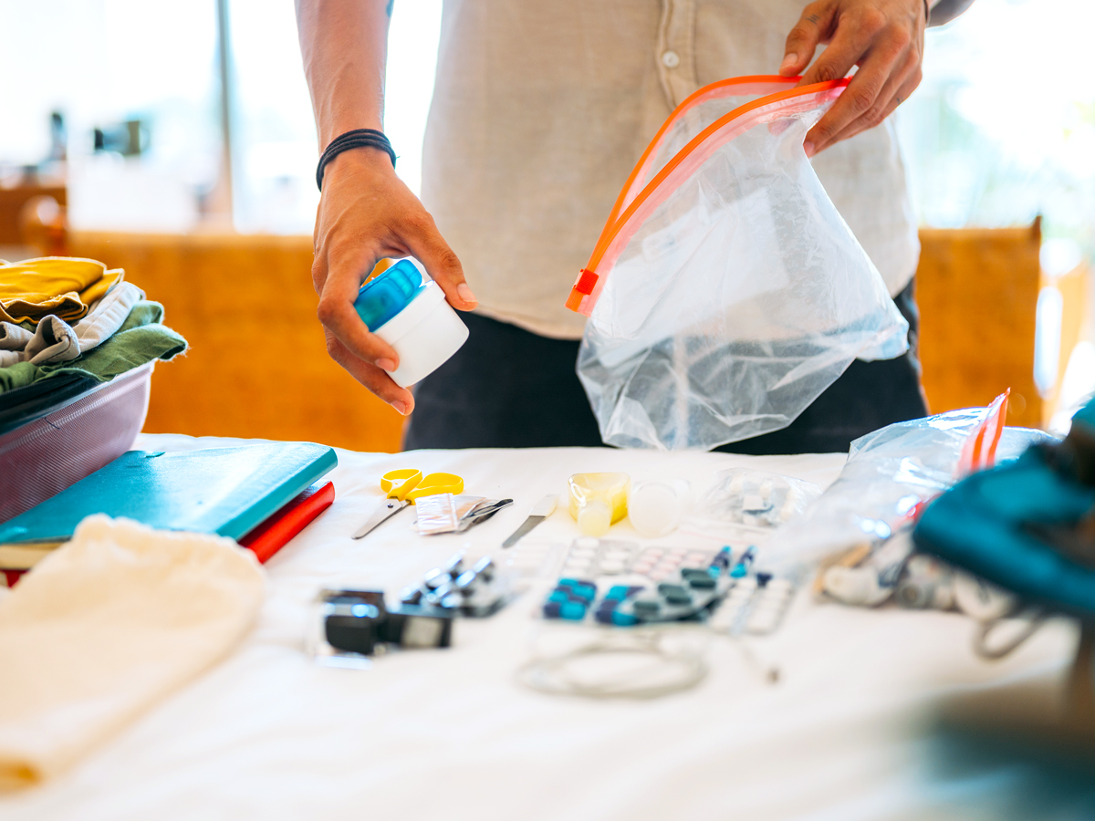 Traveler packing essentials in Ziploc bag