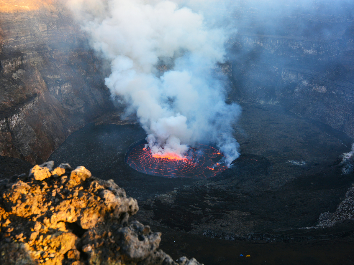 Aerial view of lava flowing from volcano in Democratic Republic of the Congo