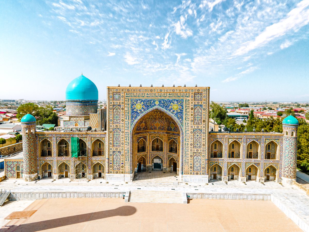 Aerial view of the Registan square in Samarkand, Uzbekistan 