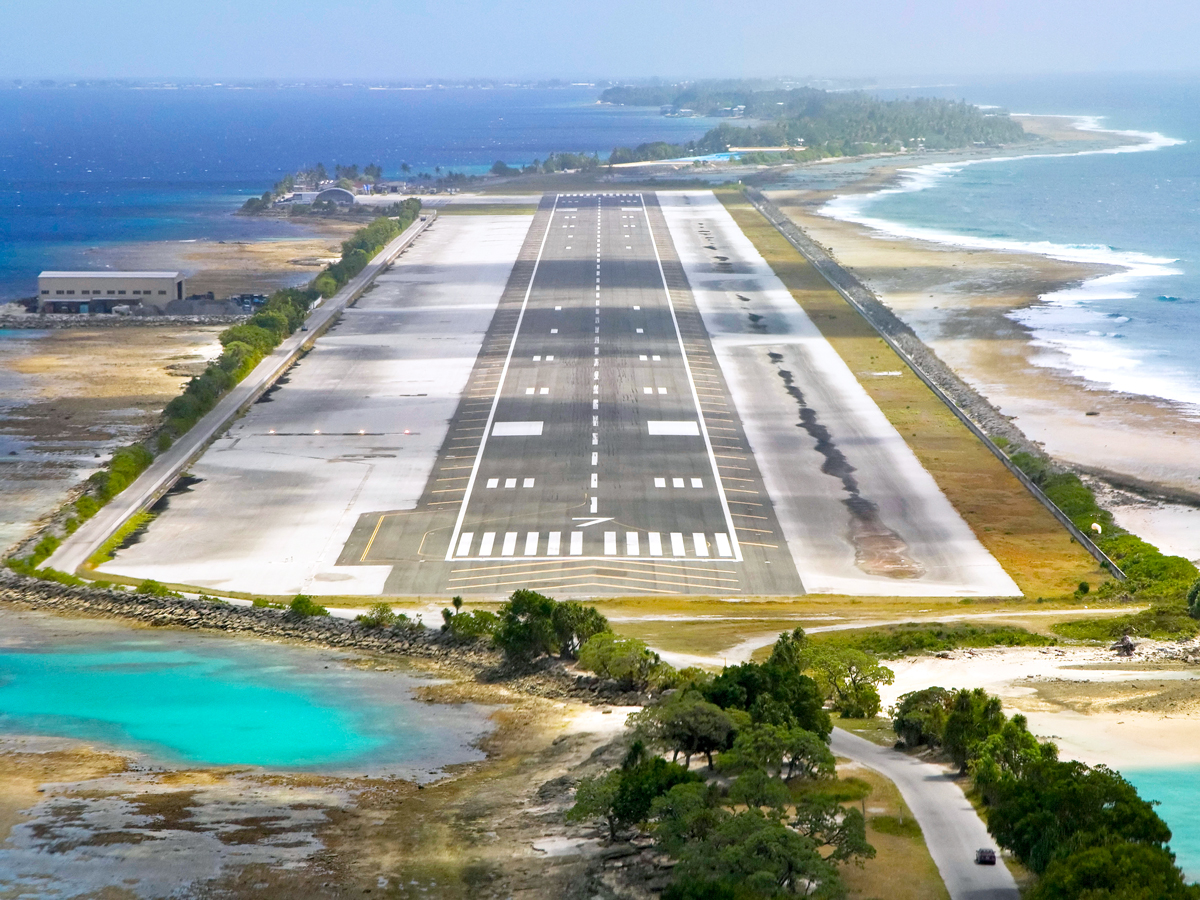 Aerial view of runway at Majuro Airport, Marshall Islands