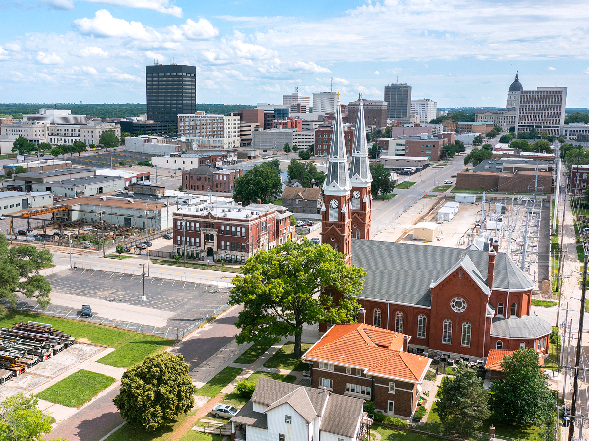 Aerial view of church and cityscape of Topeka, Kansas