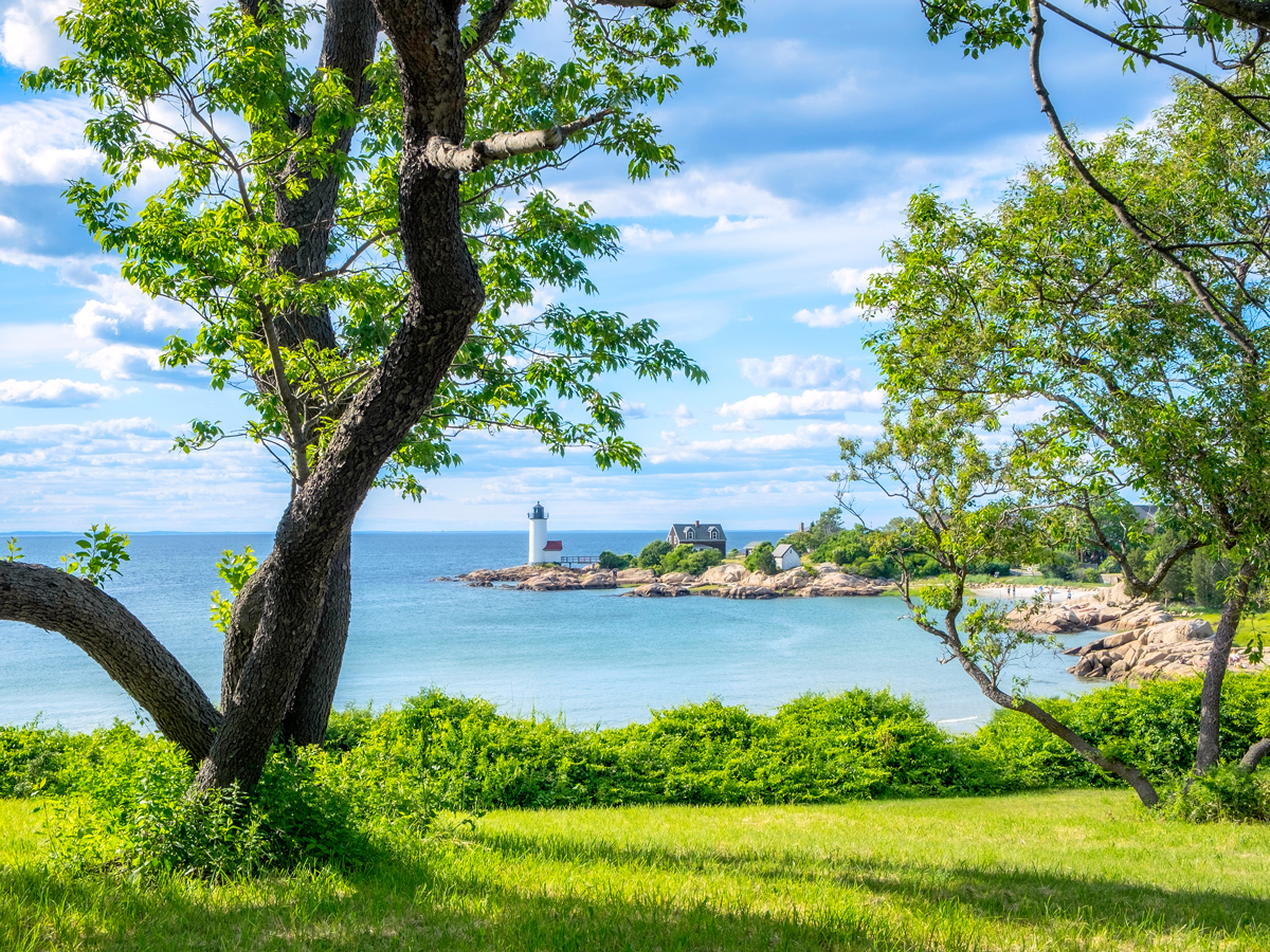Lighthouse overlooking bay in Gloucester, Massachusetts