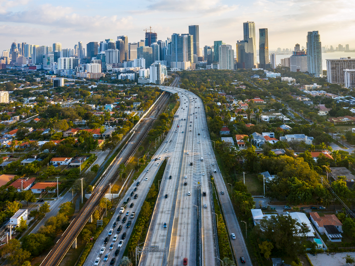 Aerial view of highways and skyscrapers in Miami, Florida