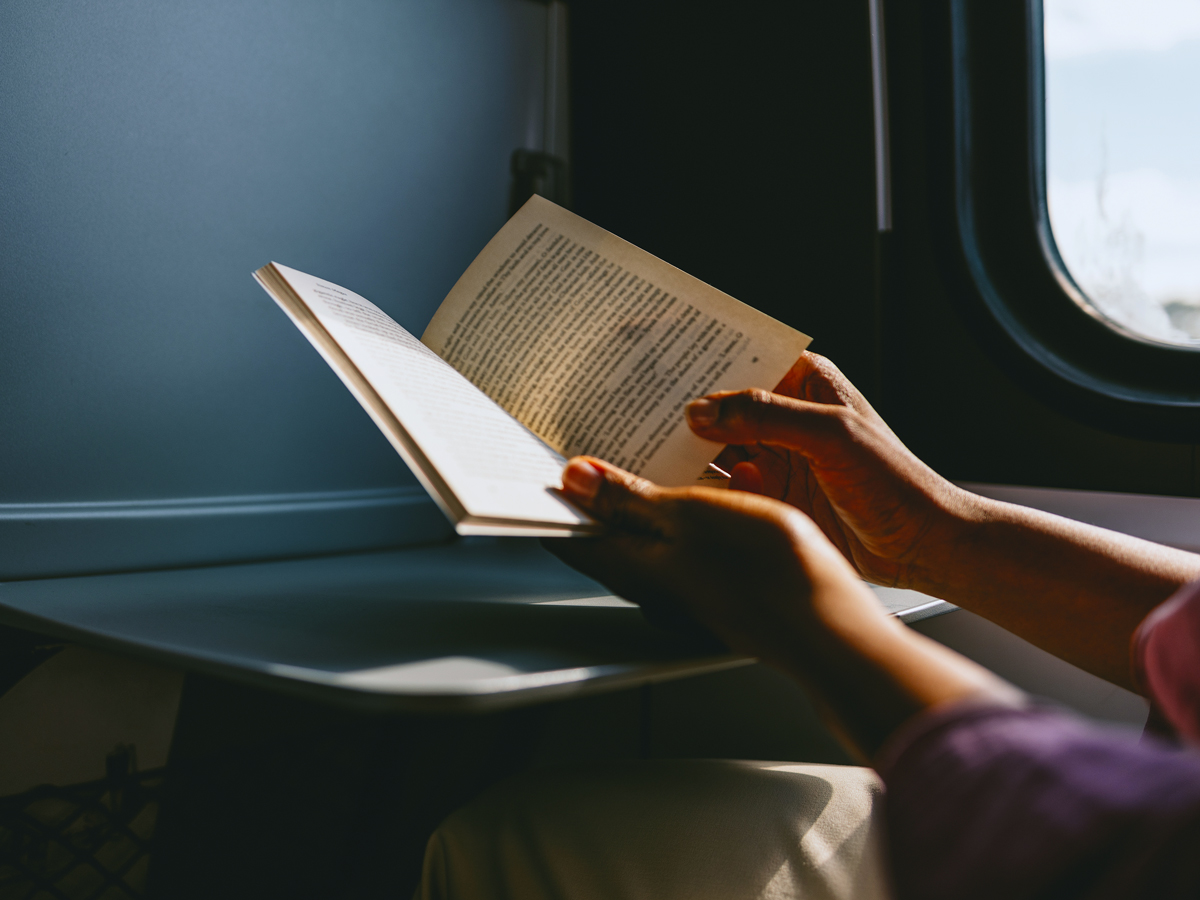 Traveler reading book on train