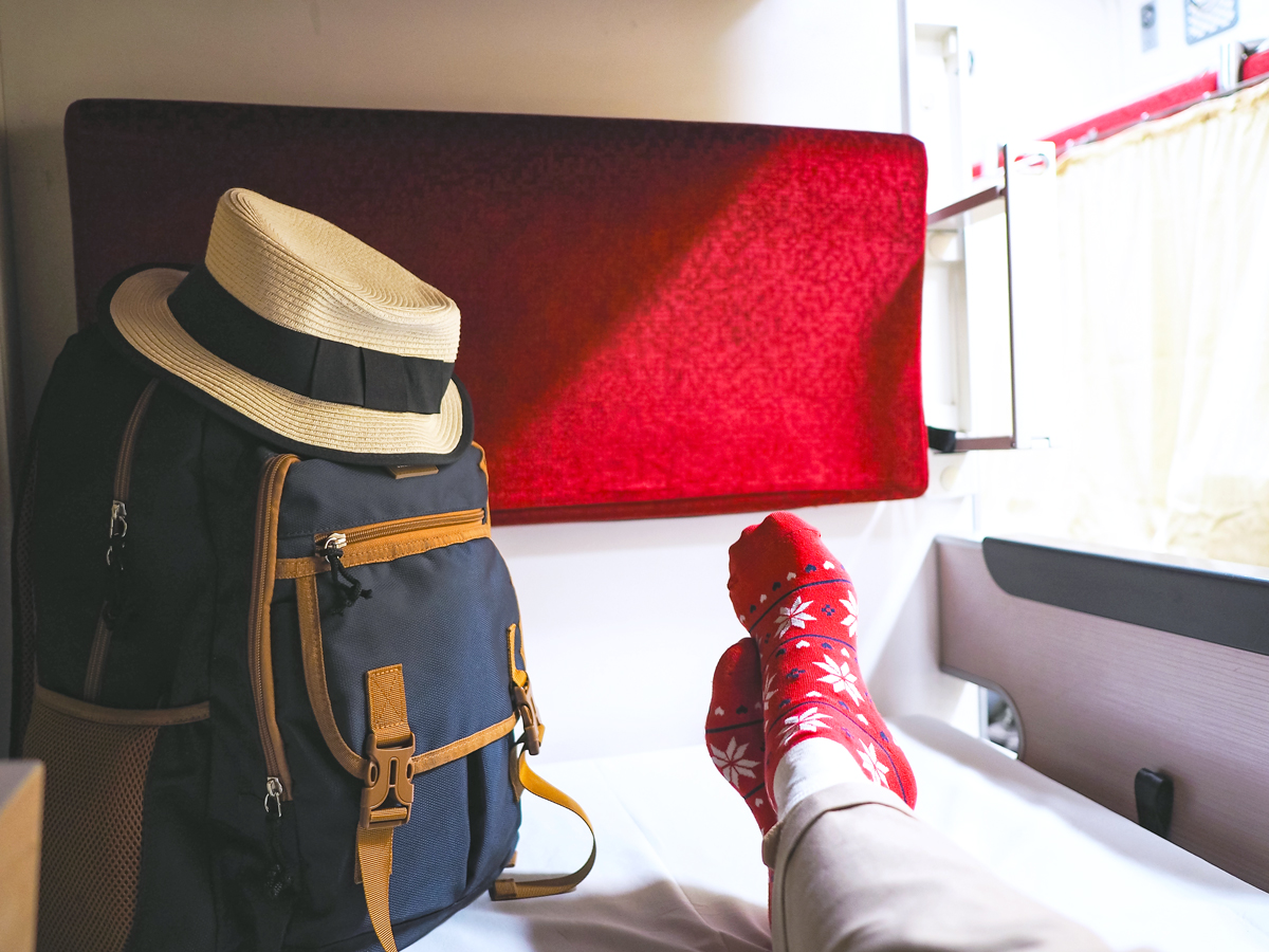 Traveler relaxing in train car