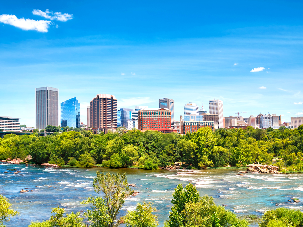 Skyline of Richmond and James River on sunny day