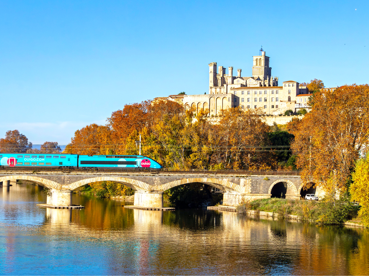 Train crossing bridge with hilltop palace in background