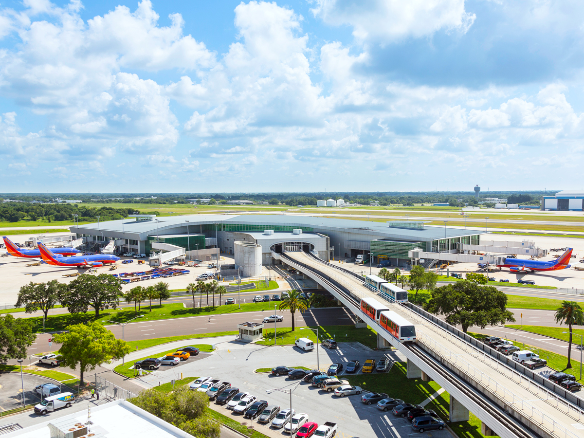Aerial view of tram taking passengers to gates at Tampa International Airport in Florida