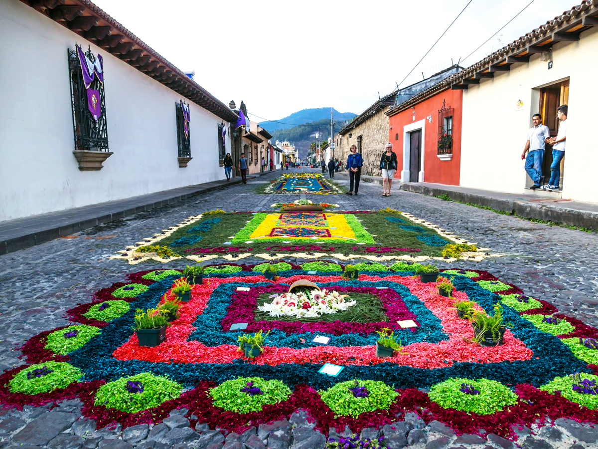 Flower carpets lining street in Antigua, Guatemala
