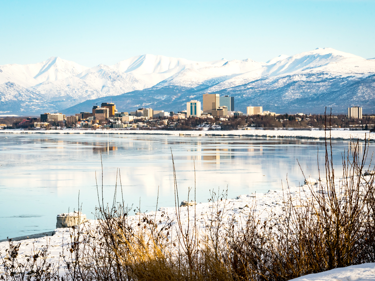 Snowy coastline surrounding Anchorage, Alaska