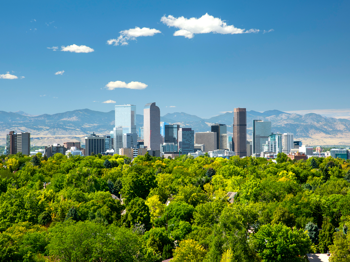 Skyscrapers rising above treetops in Denver, Colorado