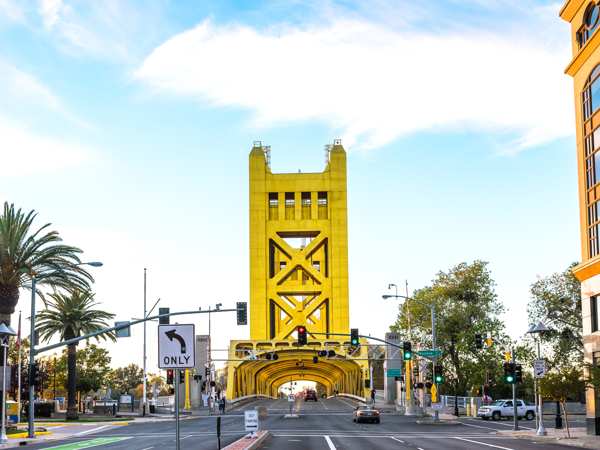 Yellow-painted Tower Bridge in Sacramento, California