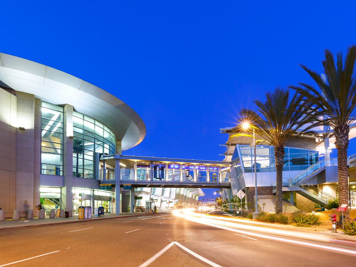 Terminal roadway at San Diego International Airport, seen at night