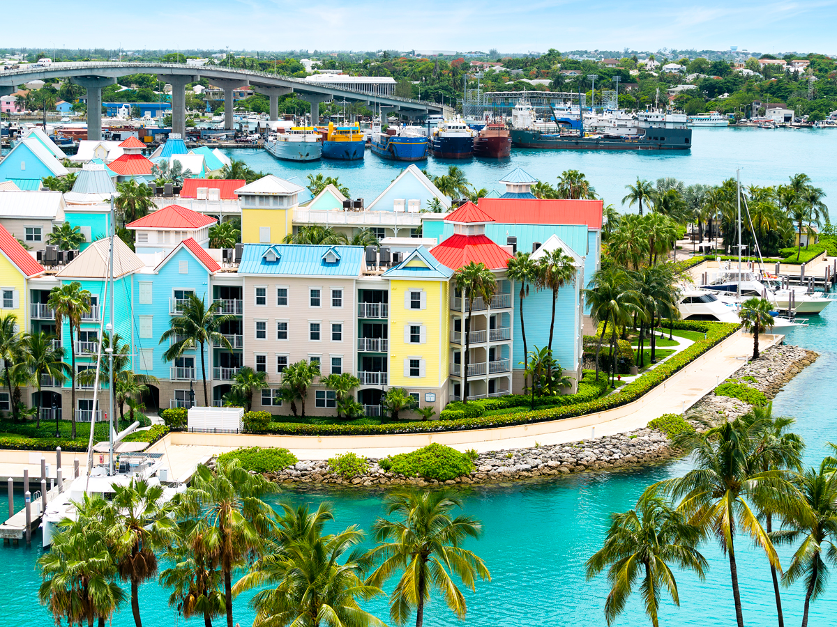 Aerial view of colorful waterfront homes in Nassau, the Bahamas