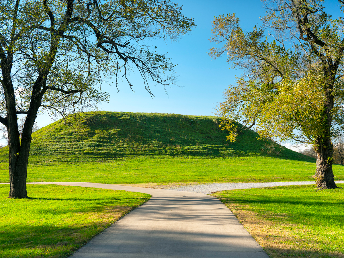 Pathway leading to prehistoric mound at Cahokia Mounds site in Illinois