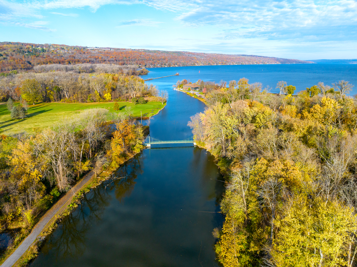 Aerial view of the Finger Lakes in autumn