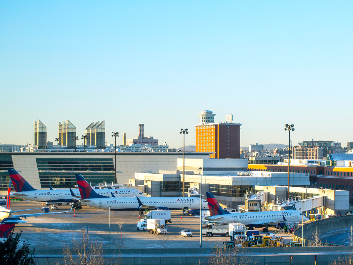 Delta Air Lines aircraft parked at gates at Boston Logan International Airport