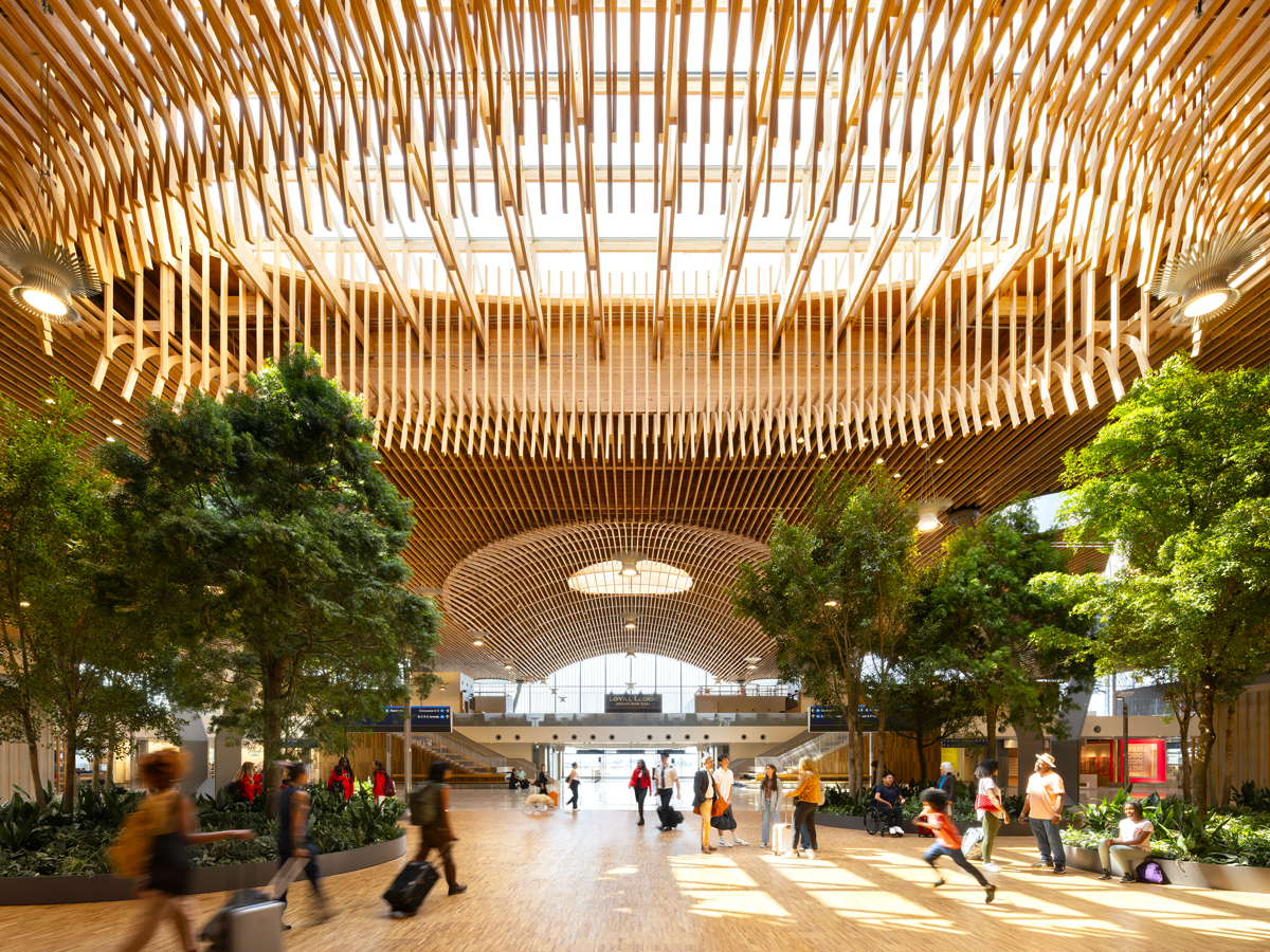 Light-filled interior and timber ceiling of new Portland International Airport terminal