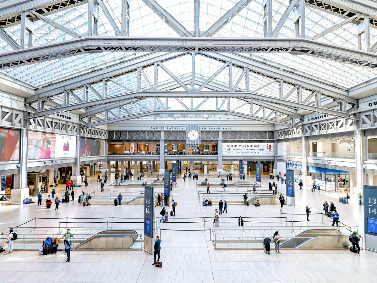 Light-filled interior of Moynihan Train Hall in New York City