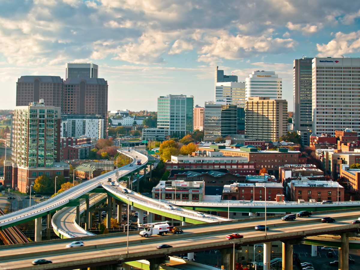 Aerial view of highway interchange in Richmond, Virginia