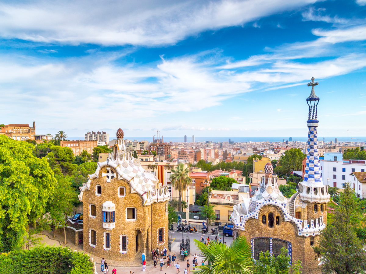 Park Güell with view of Barcelona skyline