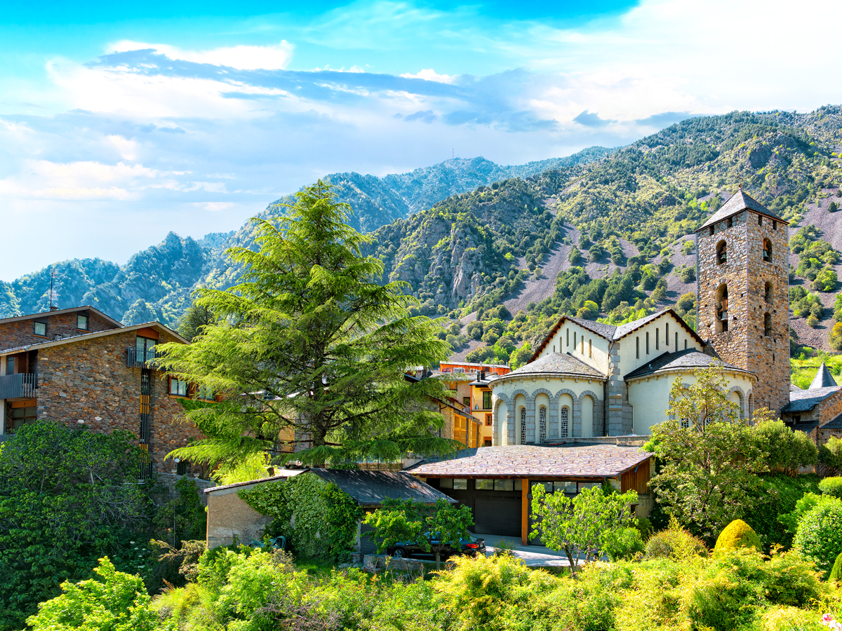 Church in Andorra la Vella surrounded by mountains