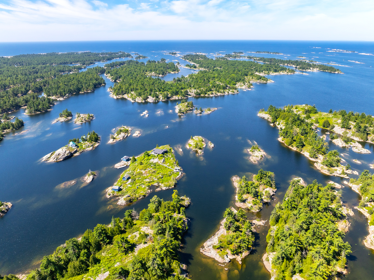 Aerial view of islands in Lake Huron