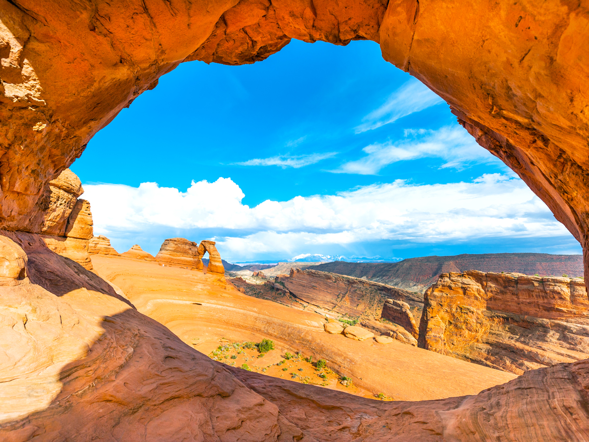 View through sandstone arch in Arches National Park, Utah