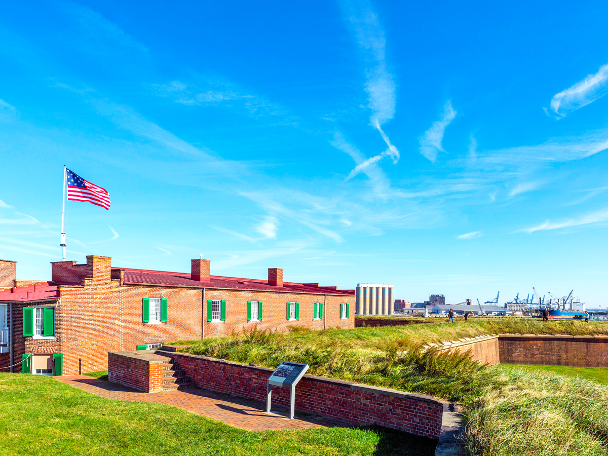 American flag flying over Fort McHenry National Monument in Baltimore, Maryland