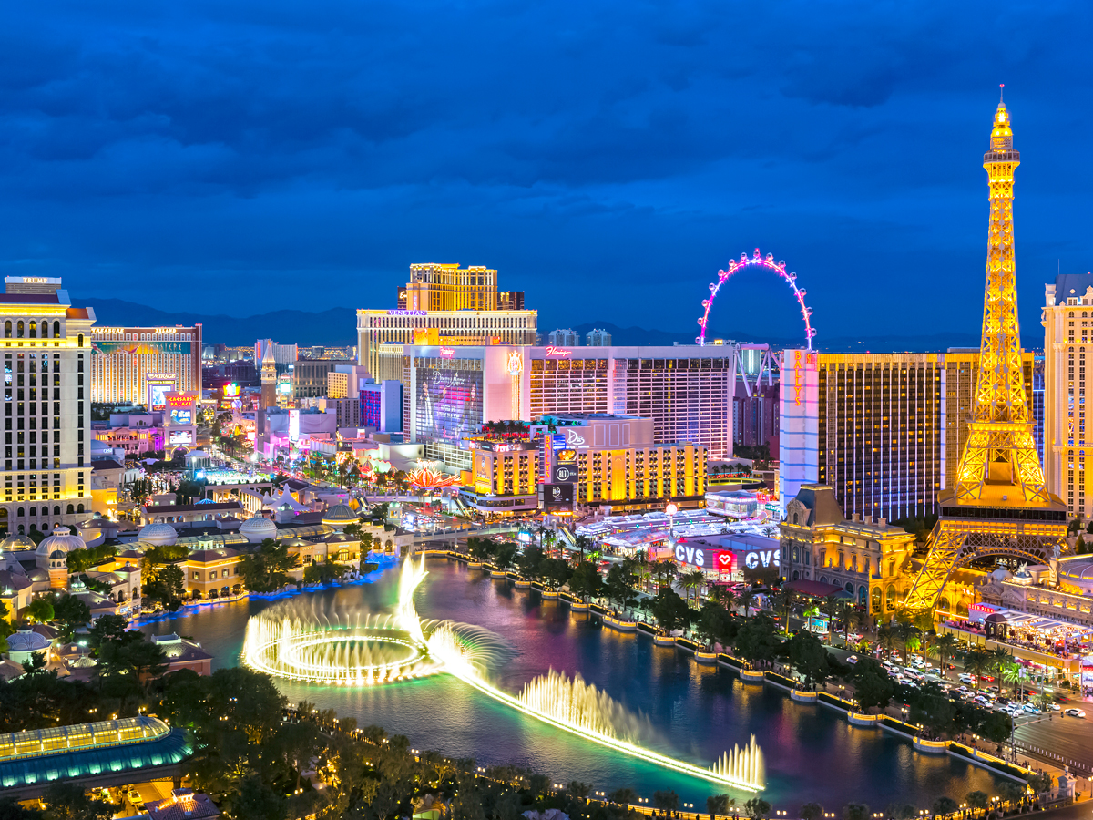 Bright lights of the Las Vegas Strip at night, seen from above