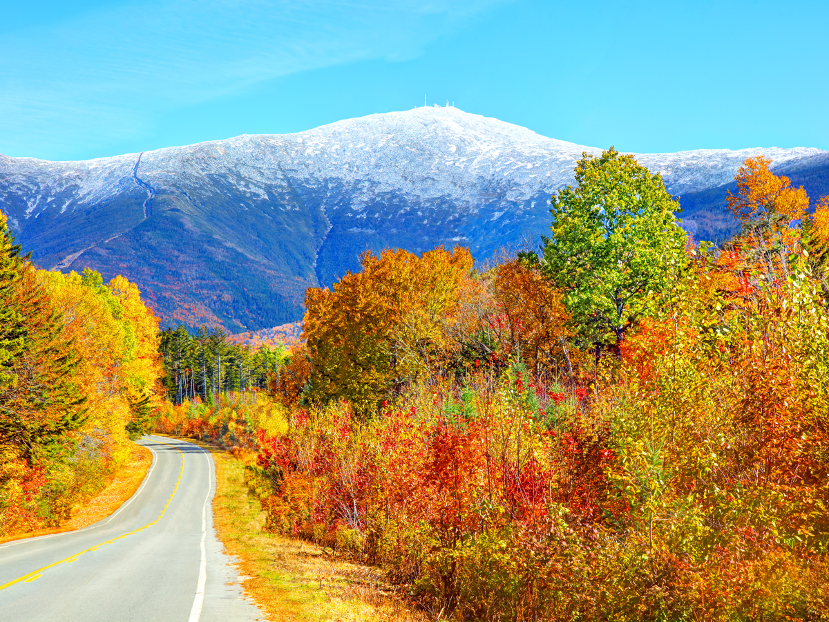 Road leading to Mount Washington, New Hampshire, surrounded by fall foliage