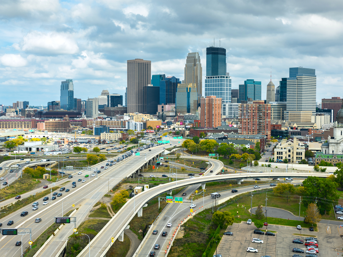 Aerial view of highway interchange in downtown Minneapolis, Minnesota