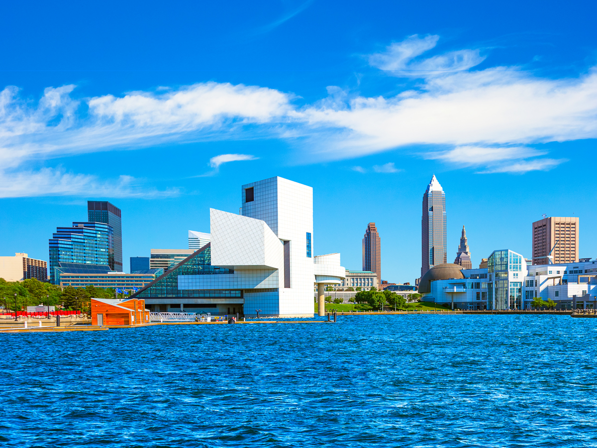 Rock and Roll Hall of Fame seen across Lake Erie in Cleveland, Ohio